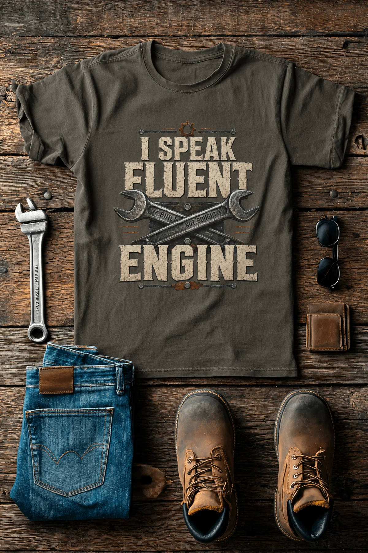 I Speak Fluent Engine T-Shirt — Mechanic Wrench Vintage Auto Repair Tee — army — Flat-lay I Speak Fluent Engine T-Shirt — Mechanic Wrench Vintage Auto Repair Tee — army t-shirt, flat-lay product photo | Pressure Tested Co
