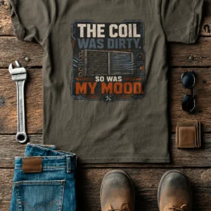 HVAC Technician Tee — “THE COIL WAS DIRTY. SO WAS MY MOOD.” — army t-shirt, flat-lay product photo | Pressure Tested Co