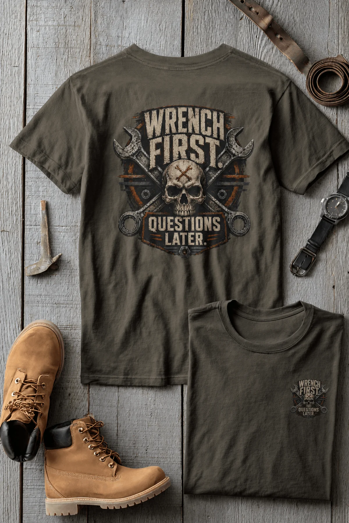 Wrench First Tee — "Wrench First, Questions Later" Mechanic Skull T-Shirt — army t-shirt, flat-lay product photo | Pressure Tested Co