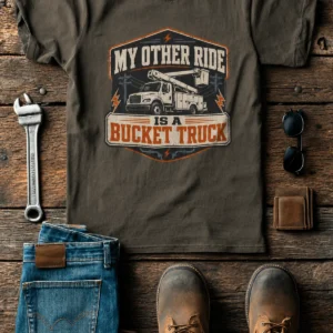 Bucket Truck T-Shirt - “My Other Ride Is A Bucket Truck” Utility Crew/Electrician Tee — army t-shirt, flat-lay product photo | Pressure Tested Co