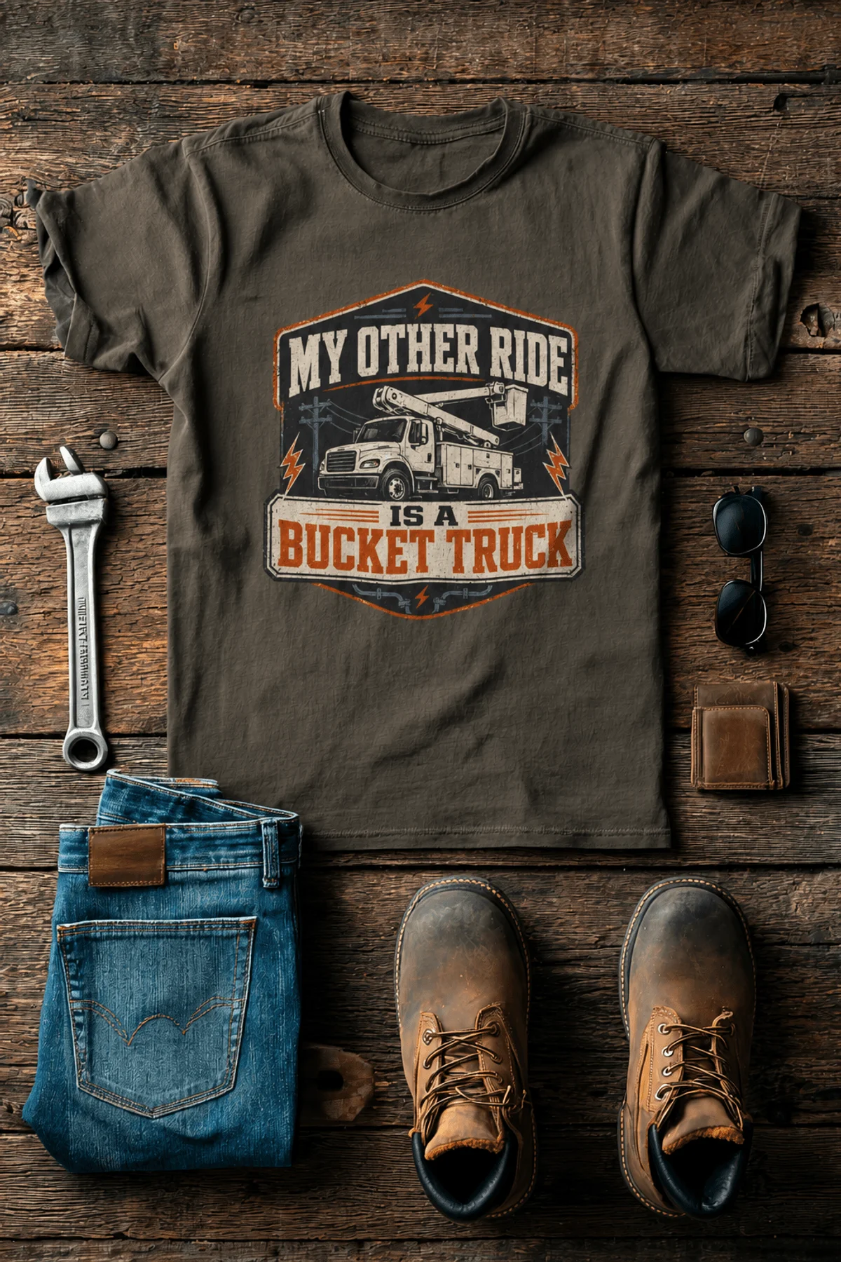 Bucket Truck T-Shirt - “My Other Ride Is A Bucket Truck” Utility Crew/Electrician Tee — army t-shirt, flat-lay product photo | Pressure Tested Co