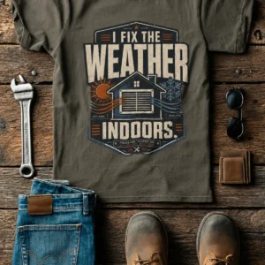 Funny HVAC Technician Tee - “I Fix The Weather Indoors.” Cooling/Furnace Shop Work Shirt — army t-shirt, flat-lay product photo | Pressure Tested Co