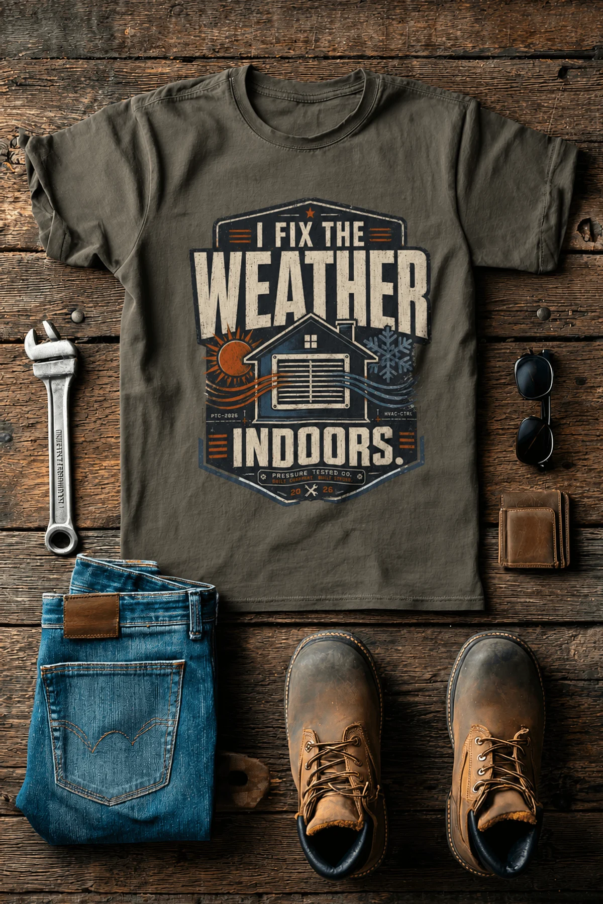 Funny HVAC Technician Tee - “I Fix The Weather Indoors.” Cooling/Furnace Shop Work Shirt — army — Flat-lay Funny HVAC Technician Tee - “I Fix The Weather Indoors.” Cooling/Furnace Shop Work Shirt — army t-shirt, flat-lay product photo | Pressure Tested Co