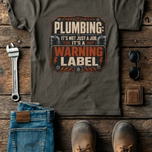 Plumbing Warning Label T-Shirt — Funny Plumber Shirt — army t-shirt, flat-lay product photo | Pressure Tested Co
