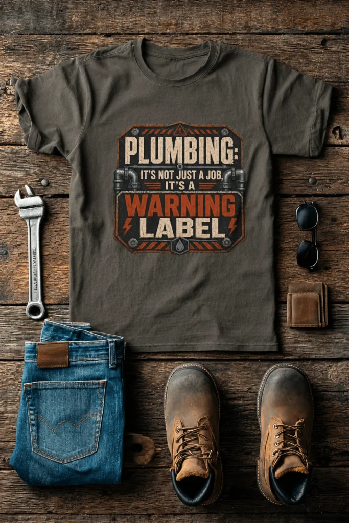 Plumbing Warning Label T-Shirt — Funny Plumber Shirt — army t-shirt, flat-lay product photo | Pressure Tested Co