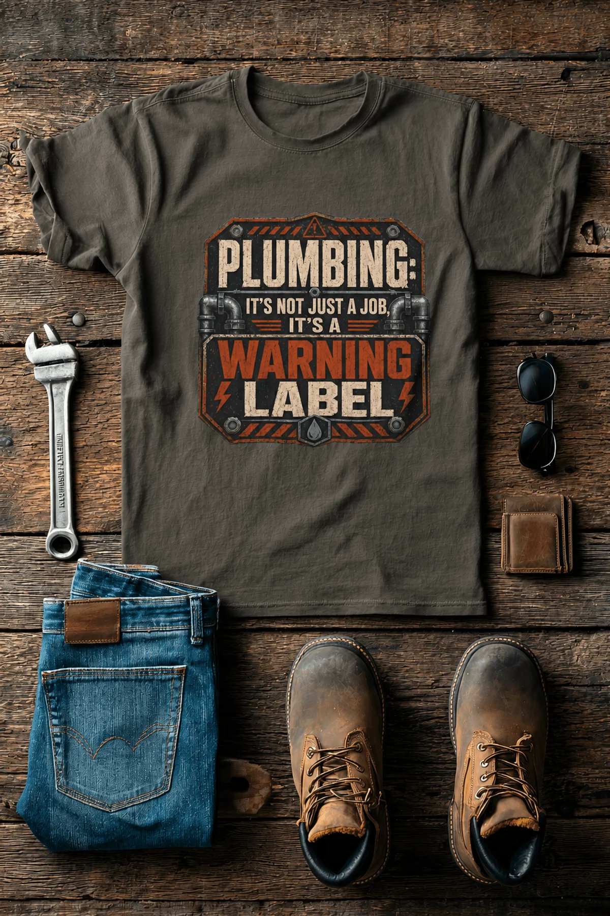 Plumbing Warning Label T-Shirt — Funny Plumber Shirt — army t-shirt, flat-lay product photo | Pressure Tested Co