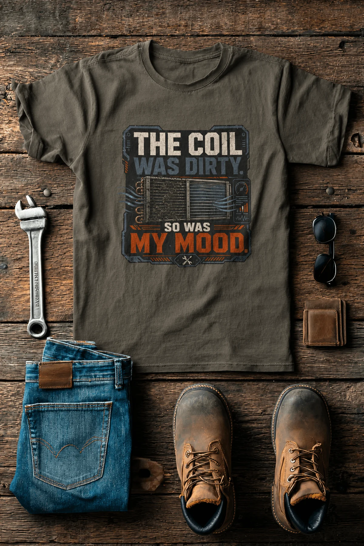 HVAC Technician Tee — “THE COIL WAS DIRTY. SO WAS MY MOOD.” — army — Flat-lay HVAC Technician Tee — “THE COIL WAS DIRTY. SO WAS MY MOOD.” — army t-shirt, flat-lay product photo | Pressure Tested Co
