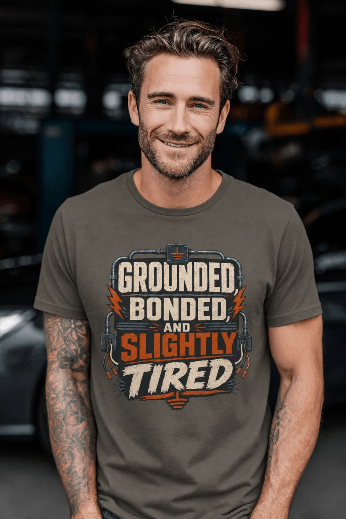 Grounded, Bonded and Slightly Tired Graphic Tee — Funny Electrical Worker Shirt — army t-shirt, model photo | Pressure Tested Co