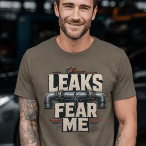 Leaks Fear Me T-Shirt - Funny Plumber Pipes Tee — army t-shirt, model photo | Pressure Tested Co