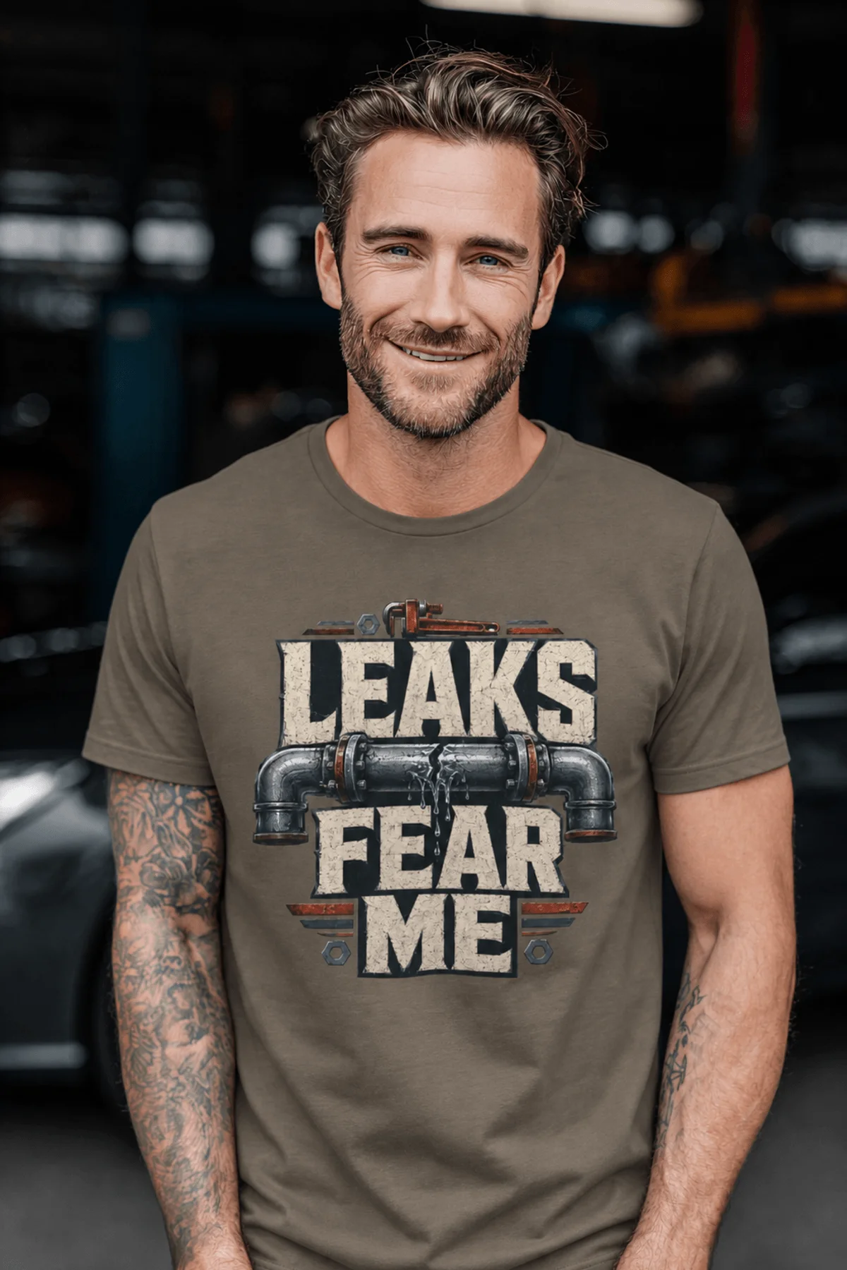 Leaks Fear Me T-Shirt - Funny Plumber Pipes Tee — army t-shirt, model photo | Pressure Tested Co