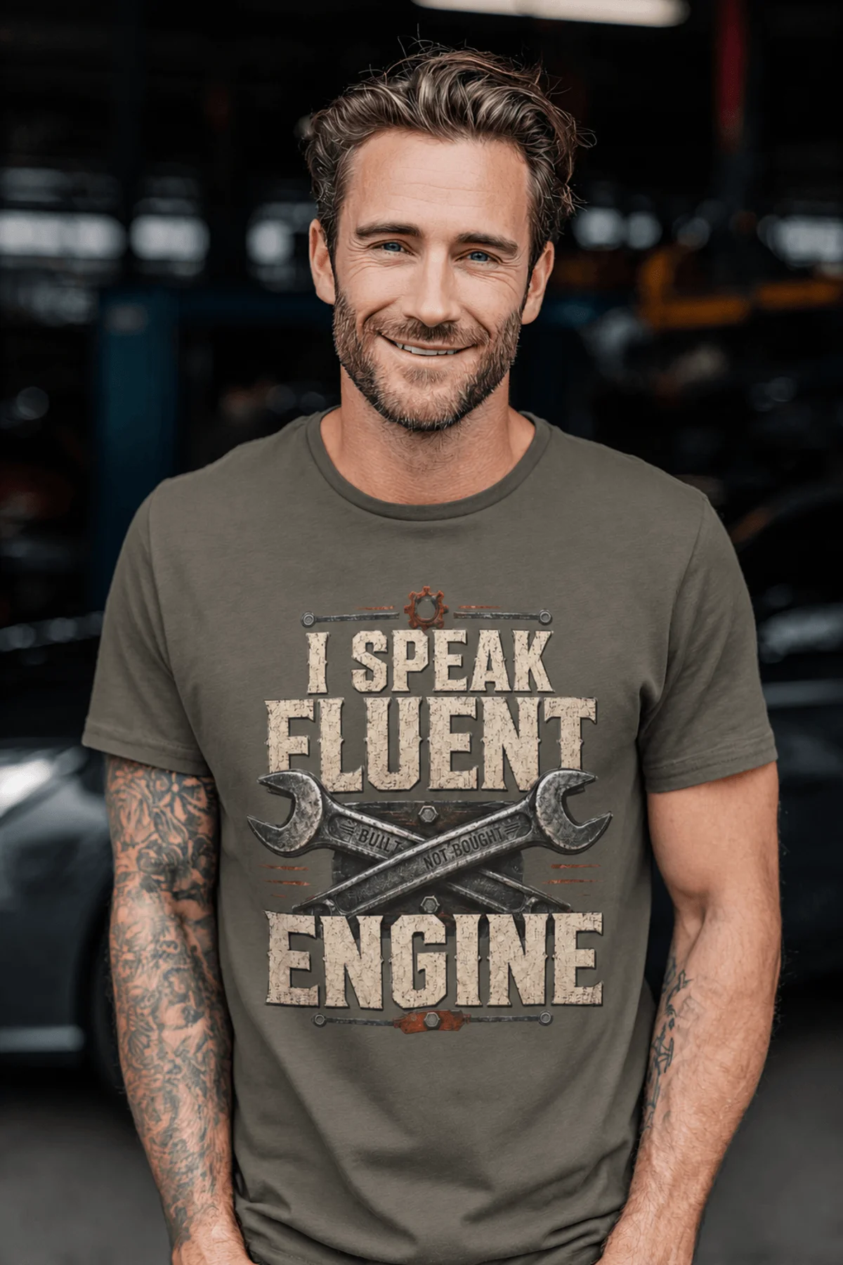 I Speak Fluent Engine T-Shirt — Mechanic Wrench Vintage Auto Repair Tee — army — Model I Speak Fluent Engine T-Shirt — Mechanic Wrench Vintage Auto Repair Tee — army t-shirt, model photo | Pressure Tested Co