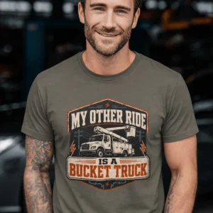 Bucket Truck T-Shirt - “My Other Ride Is A Bucket Truck” Utility Crew/Electrician Tee — army t-shirt, model photo | Pressure Tested Co