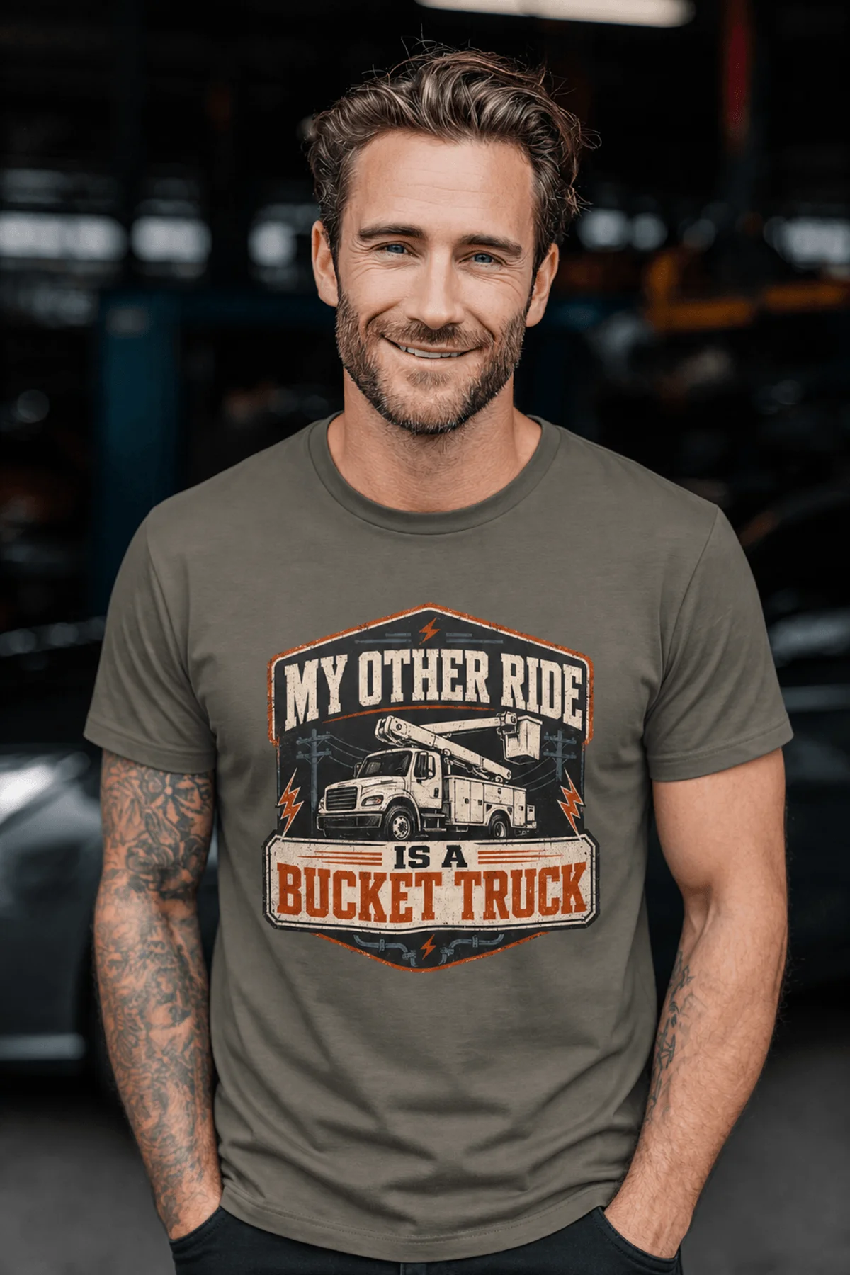 Bucket Truck T-Shirt - “My Other Ride Is A Bucket Truck” Utility Crew/Electrician Tee — army t-shirt, model photo | Pressure Tested Co