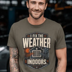 Funny HVAC Technician Tee - “I Fix The Weather Indoors.” Cooling/Furnace Shop Work Shirt — army t-shirt, model photo | Pressure Tested Co