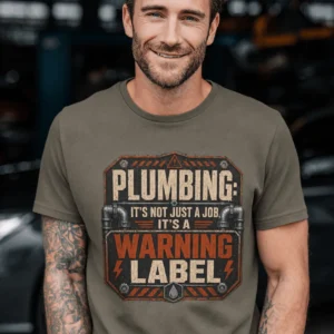 Plumbing Warning Label T-Shirt — Funny Plumber Shirt — army t-shirt, model photo | Pressure Tested Co