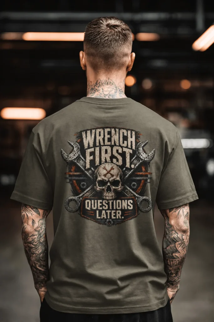 Wrench First Tee — "Wrench First, Questions Later" Mechanic Skull T-Shirt — army t-shirt, model photo | Pressure Tested Co