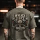 Wrench First Tee — "Wrench First, Questions Later" Mechanic Skull T-Shirt — army t-shirt, model photo | Pressure Tested Co