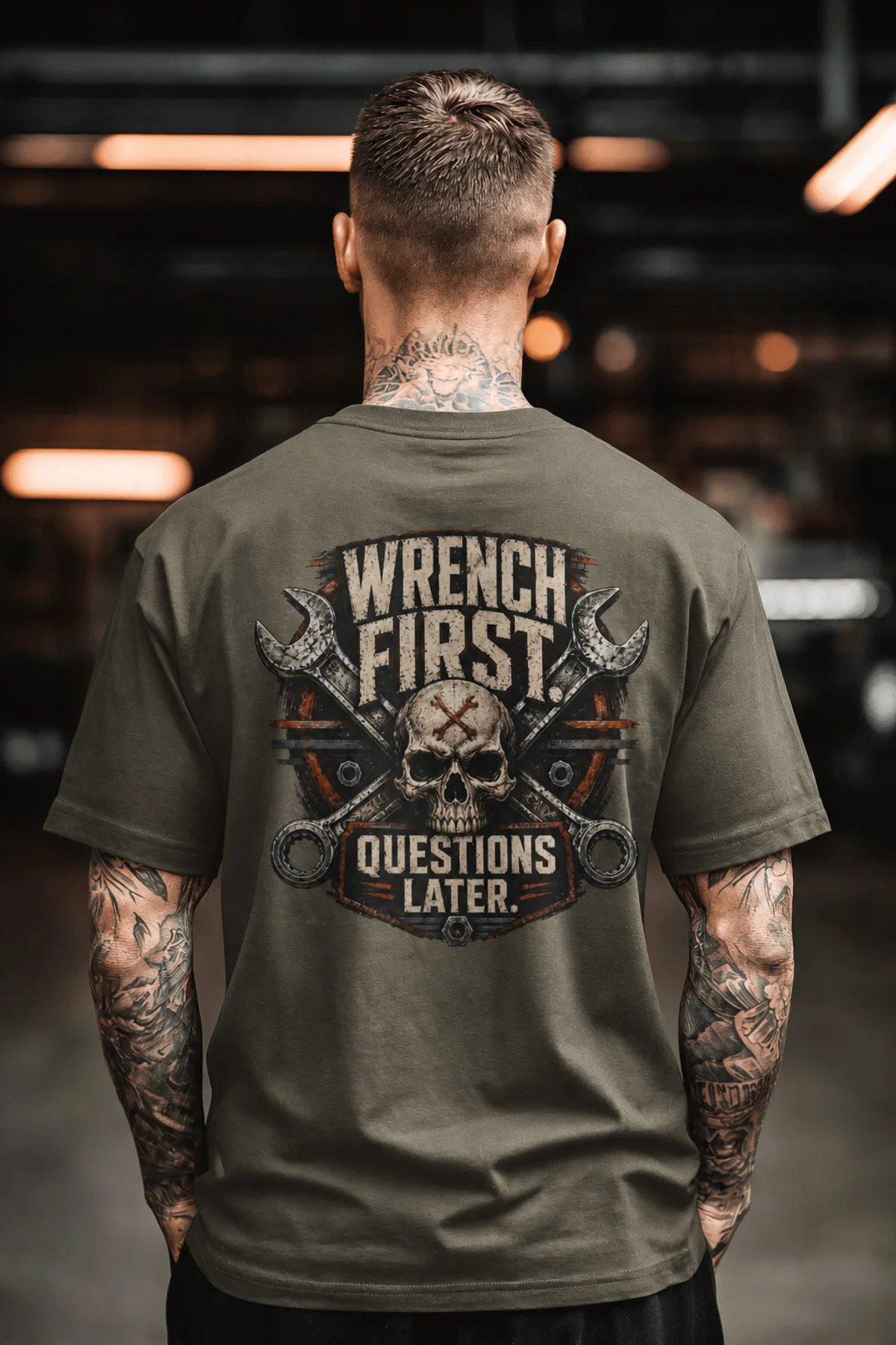 Wrench First Tee — "Wrench First, Questions Later" Mechanic Skull T-Shirt — army t-shirt, model photo | Pressure Tested Co