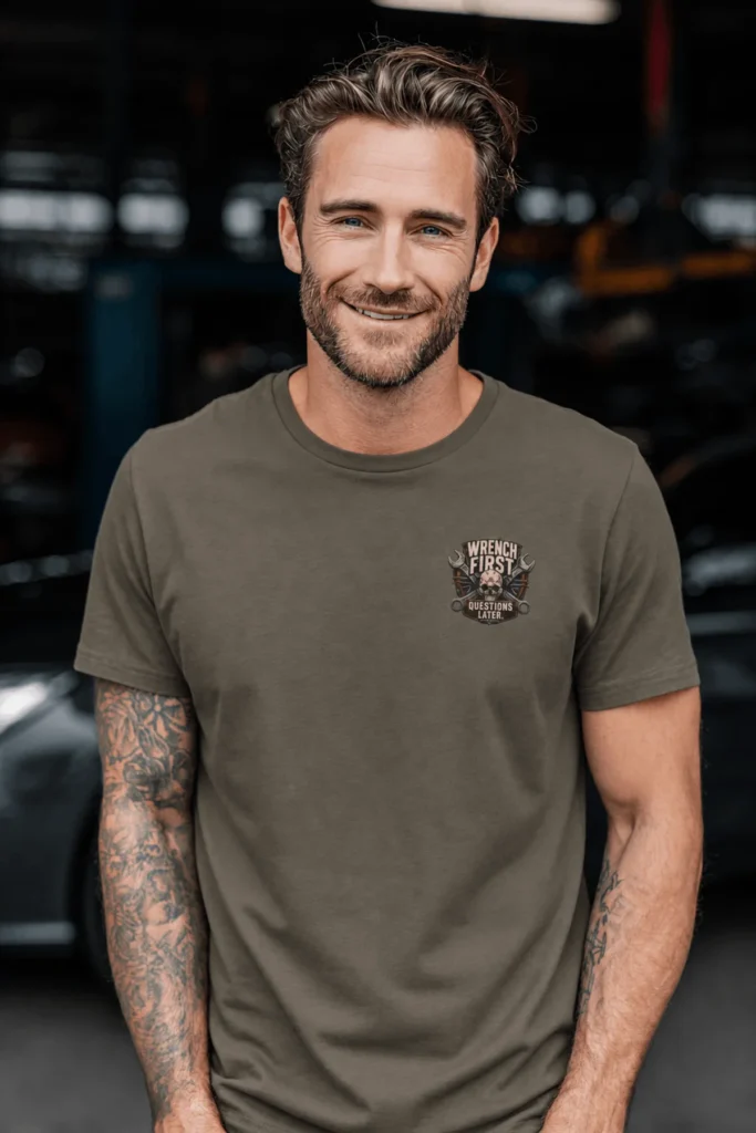 Wrench First Tee — "Wrench First, Questions Later" Mechanic Skull T-Shirt — army t-shirt, model photo | Pressure Tested Co