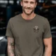 Wrench First Tee — "Wrench First, Questions Later" Mechanic Skull T-Shirt — army t-shirt, model photo | Pressure Tested Co