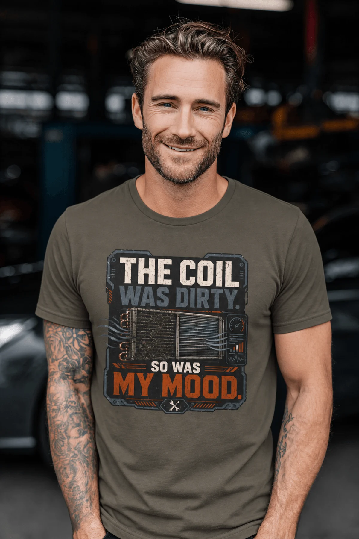 HVAC Technician Tee — “THE COIL WAS DIRTY. SO WAS MY MOOD.” — army — Model HVAC Technician Tee — “THE COIL WAS DIRTY. SO WAS MY MOOD.” — army t-shirt, model photo | Pressure Tested Co