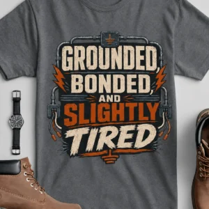 Grounded, Bonded and Slightly Tired Graphic Tee — Funny Electrical Worker Shirt — asphalt t-shirt, flat-lay product photo | Pressure Tested Co