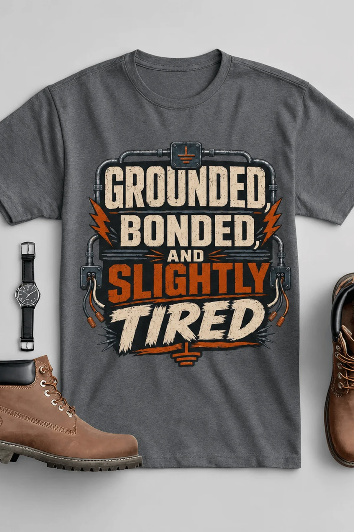 Grounded, Bonded and Slightly Tired Graphic Tee — Funny Electrical Worker Shirt — asphalt t-shirt, flat-lay product photo | Pressure Tested Co