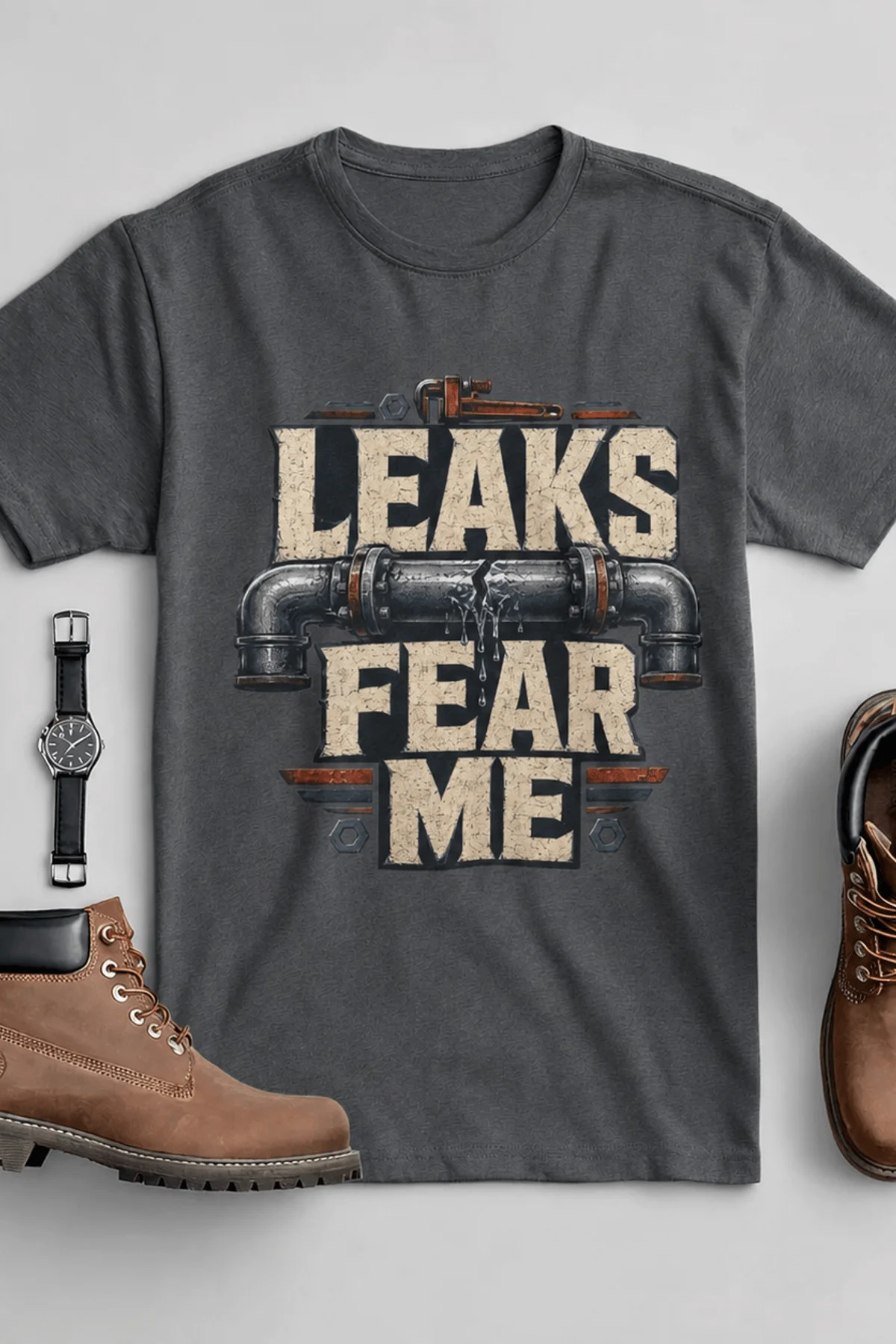 Leaks Fear Me T-Shirt - Funny Plumber Pipes Tee — asphalt t-shirt, flat-lay product photo | Pressure Tested Co