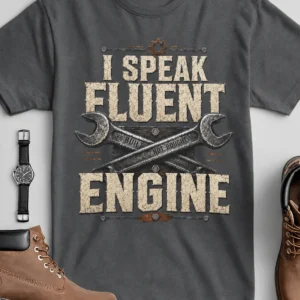 I Speak Fluent Engine T-Shirt — Mechanic Wrench Vintage Auto Repair Tee — asphalt t-shirt, flat-lay product photo | Pressure Tested Co