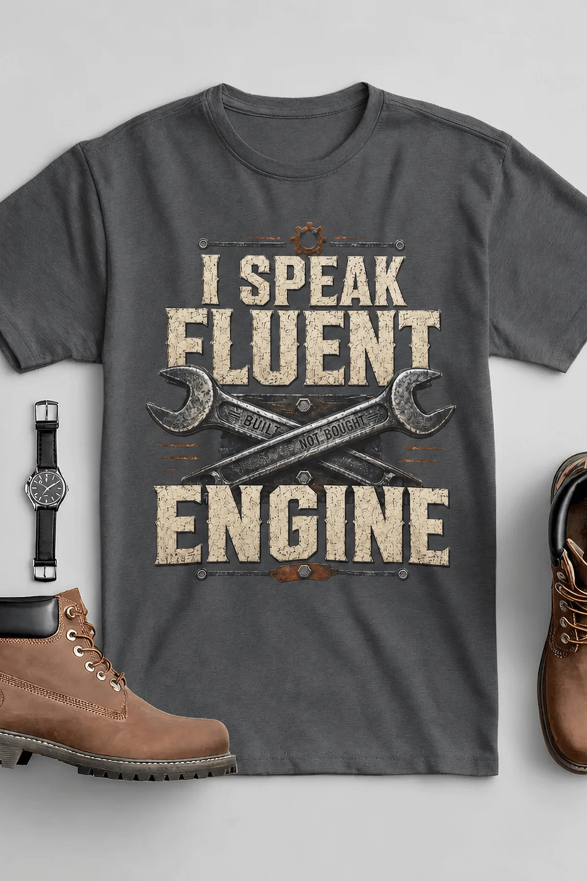 I Speak Fluent Engine T-Shirt — Mechanic Wrench Vintage Auto Repair Tee — asphalt — Flat-lay I Speak Fluent Engine T-Shirt — Mechanic Wrench Vintage Auto Repair Tee — asphalt t-shirt, flat-lay product photo | Pressure Tested Co