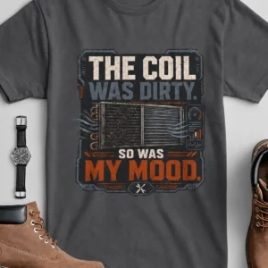 HVAC Technician Tee — “THE COIL WAS DIRTY. SO WAS MY MOOD.” — asphalt t-shirt, flat-lay product photo | Pressure Tested Co