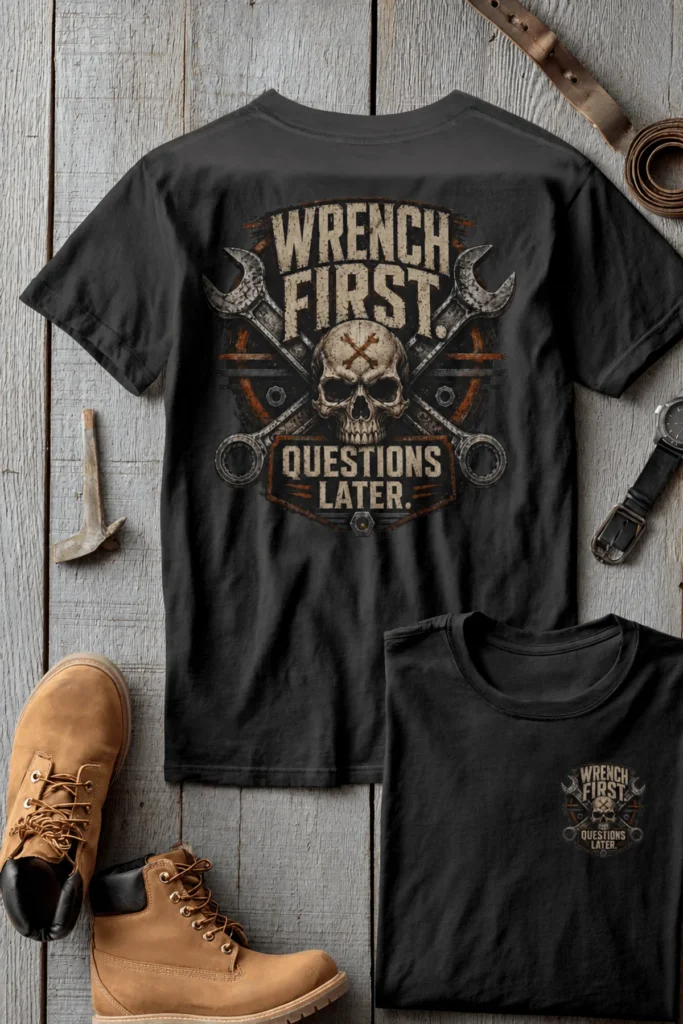 Wrench First Tee — "Wrench First, Questions Later" Mechanic Skull T-Shirt — asphalt t-shirt, flat-lay product photo | Pressure Tested Co