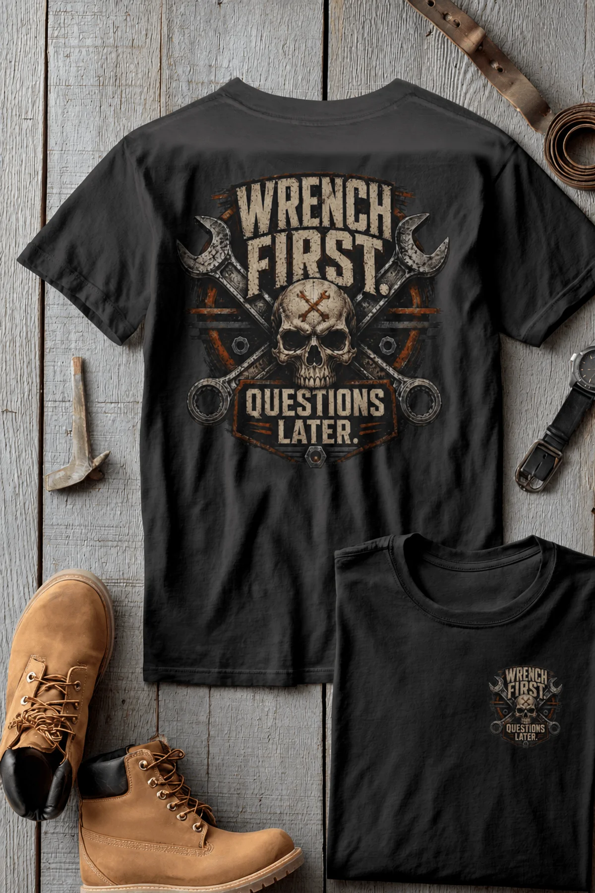 Wrench First Tee — "Wrench First, Questions Later" Mechanic Skull T-Shirt — asphalt t-shirt, flat-lay product photo | Pressure Tested Co