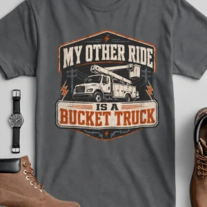 Bucket Truck T-Shirt - “My Other Ride Is A Bucket Truck” Utility Crew/Electrician Tee — asphalt t-shirt, flat-lay product photo | Pressure Tested Co