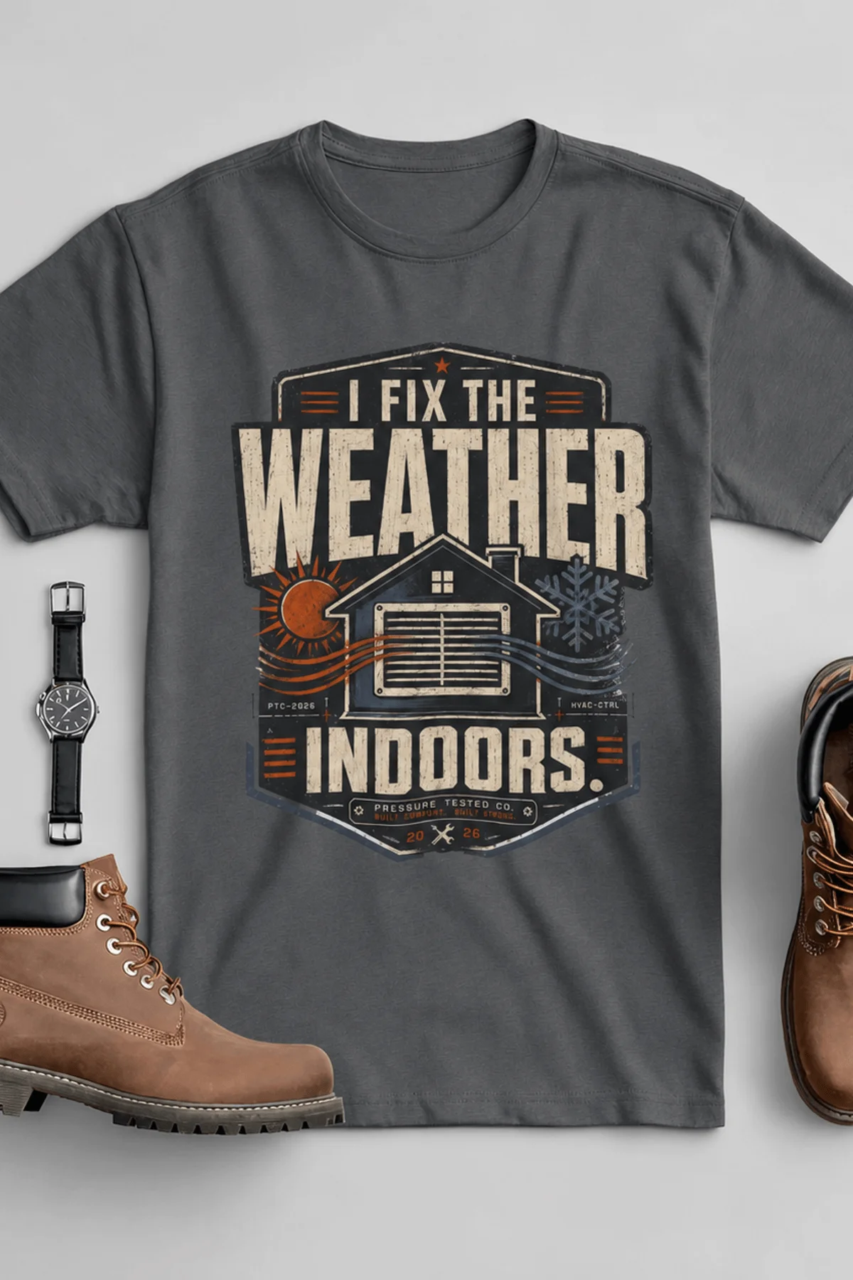 Funny HVAC Technician Tee - “I Fix The Weather Indoors.” Cooling/Furnace Shop Work Shirt — asphalt — Flat-lay Funny HVAC Technician Tee - “I Fix The Weather Indoors.” Cooling/Furnace Shop Work Shirt — asphalt t-shirt, flat-lay product photo | Pressure Tested Co