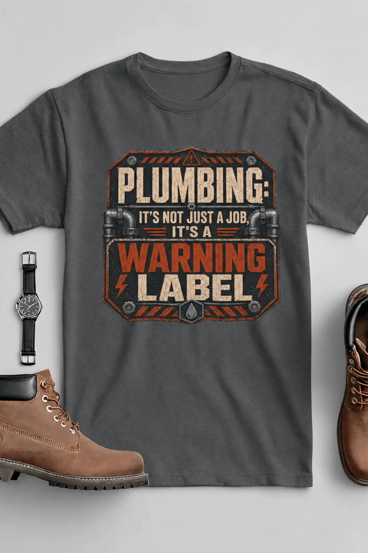 Plumbing Warning Label T-Shirt — Funny Plumber Shirt — asphalt t-shirt, flat-lay product photo | Pressure Tested Co