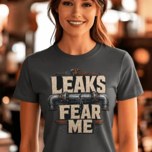 Leaks Fear Me T-Shirt - Funny Plumber Pipes Tee — asphalt t-shirt, model photo | Pressure Tested Co