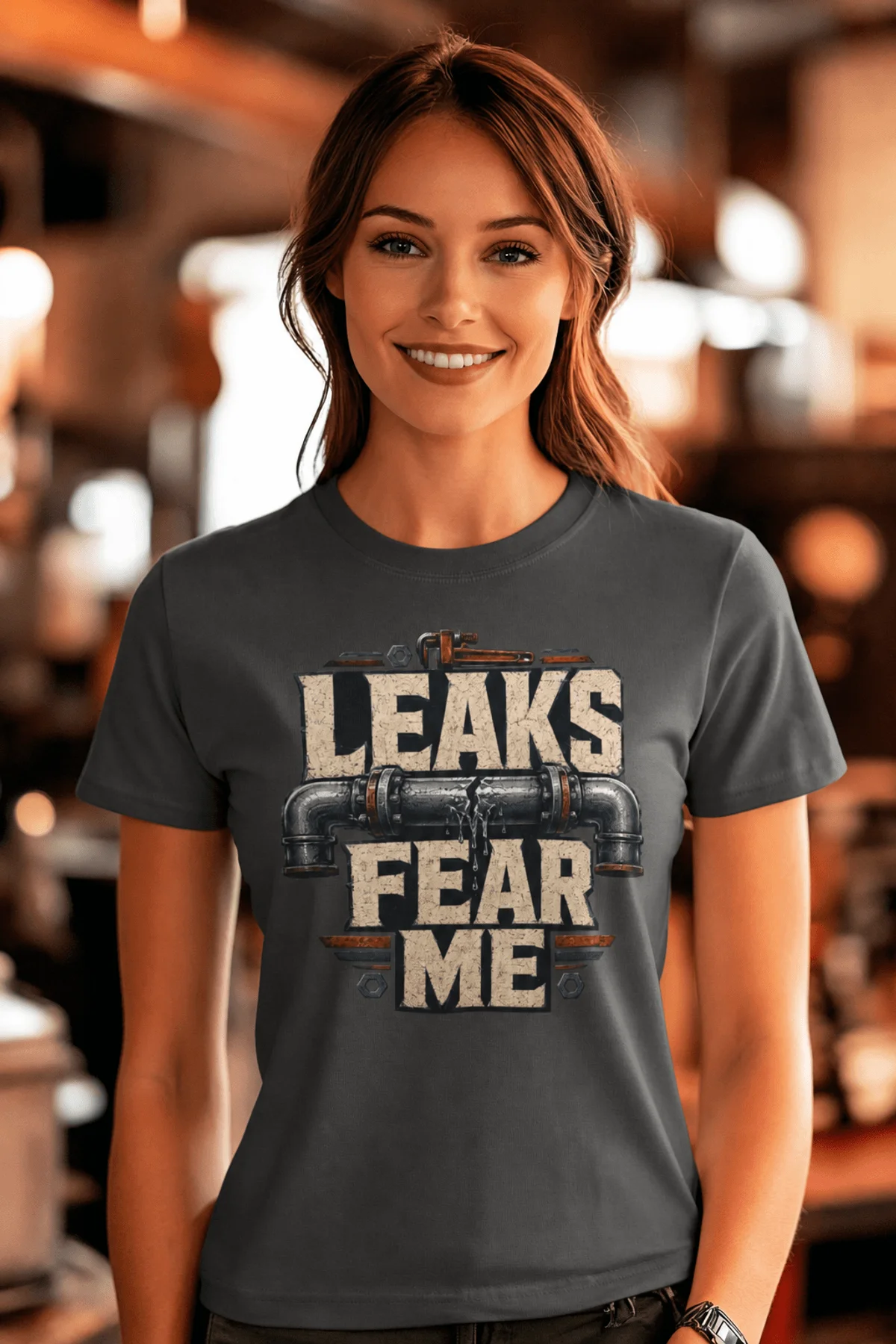 Leaks Fear Me T-Shirt - Funny Plumber Pipes Tee — asphalt t-shirt, model photo | Pressure Tested Co