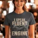 I Speak Fluent Engine T-Shirt — Mechanic Wrench Vintage Auto Repair Tee — asphalt — Model I Speak Fluent Engine T-Shirt — Mechanic Wrench Vintage Auto Repair Tee — asphalt t-shirt, model photo | Pressure Tested Co