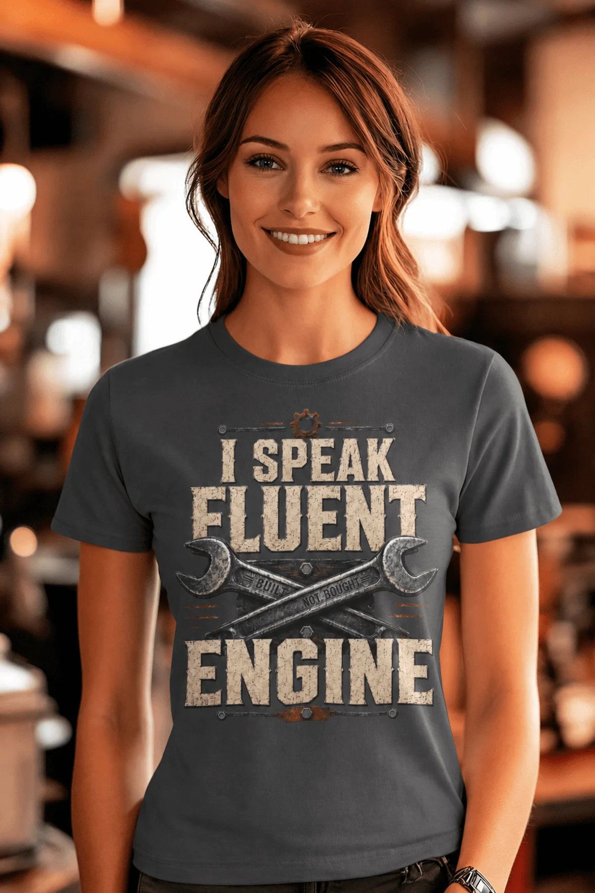 I Speak Fluent Engine T-Shirt — Mechanic Wrench Vintage Auto Repair Tee — asphalt — Model I Speak Fluent Engine T-Shirt — Mechanic Wrench Vintage Auto Repair Tee — asphalt t-shirt, model photo | Pressure Tested Co
