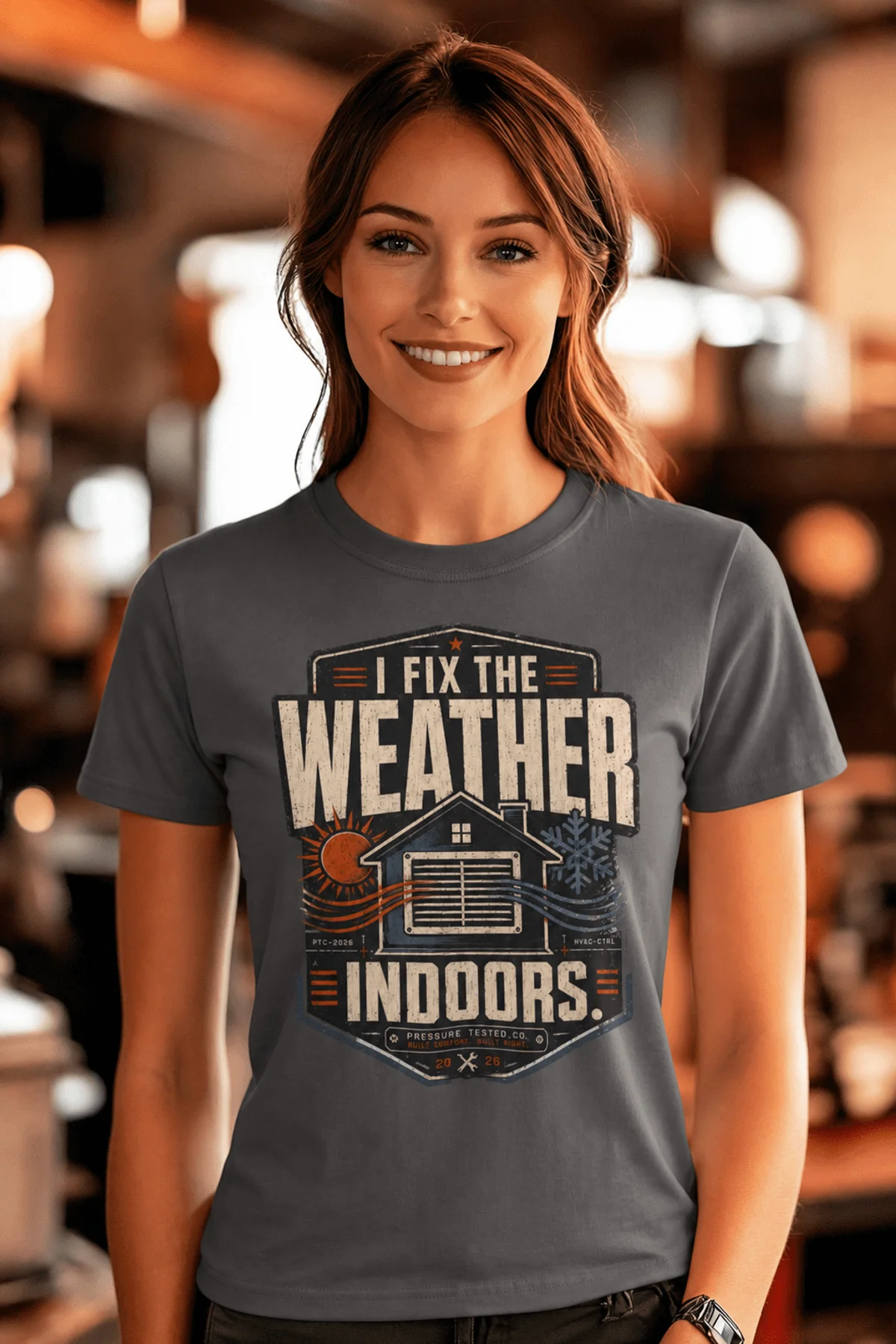 Funny HVAC Technician Tee - “I Fix The Weather Indoors.” Cooling/Furnace Shop Work Shirt — asphalt — Model Funny HVAC Technician Tee - “I Fix The Weather Indoors.” Cooling/Furnace Shop Work Shirt — asphalt t-shirt, model photo | Pressure Tested Co