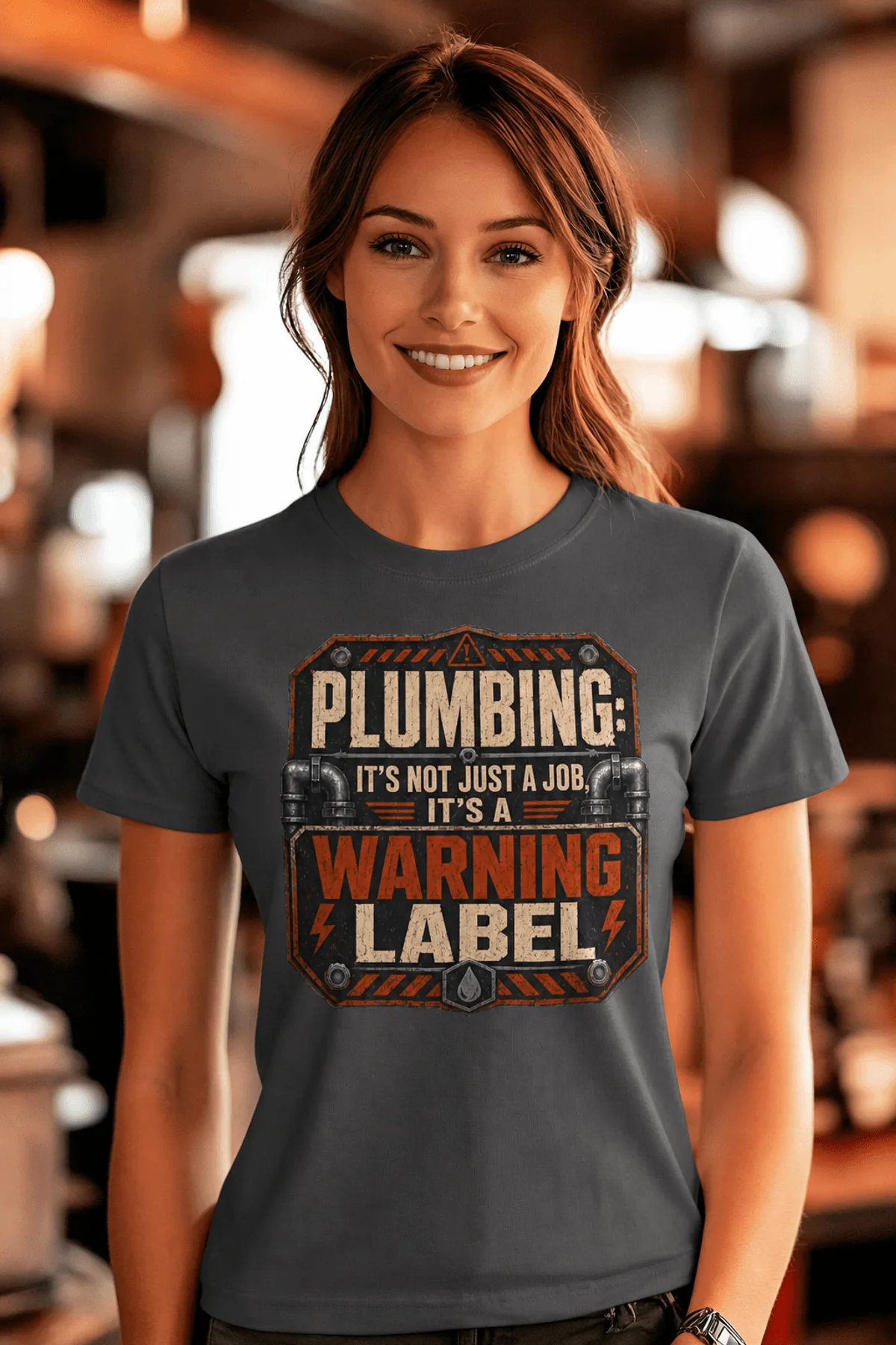 Plumbing Warning Label T-Shirt — Funny Plumber Shirt — asphalt t-shirt, model photo | Pressure Tested Co