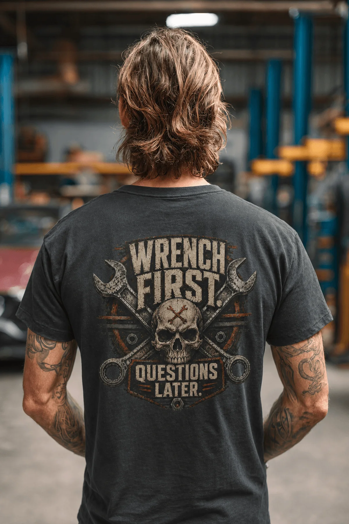 Wrench First Tee — "Wrench First, Questions Later" Mechanic Skull T-Shirt — asphalt t-shirt, model photo | Pressure Tested Co