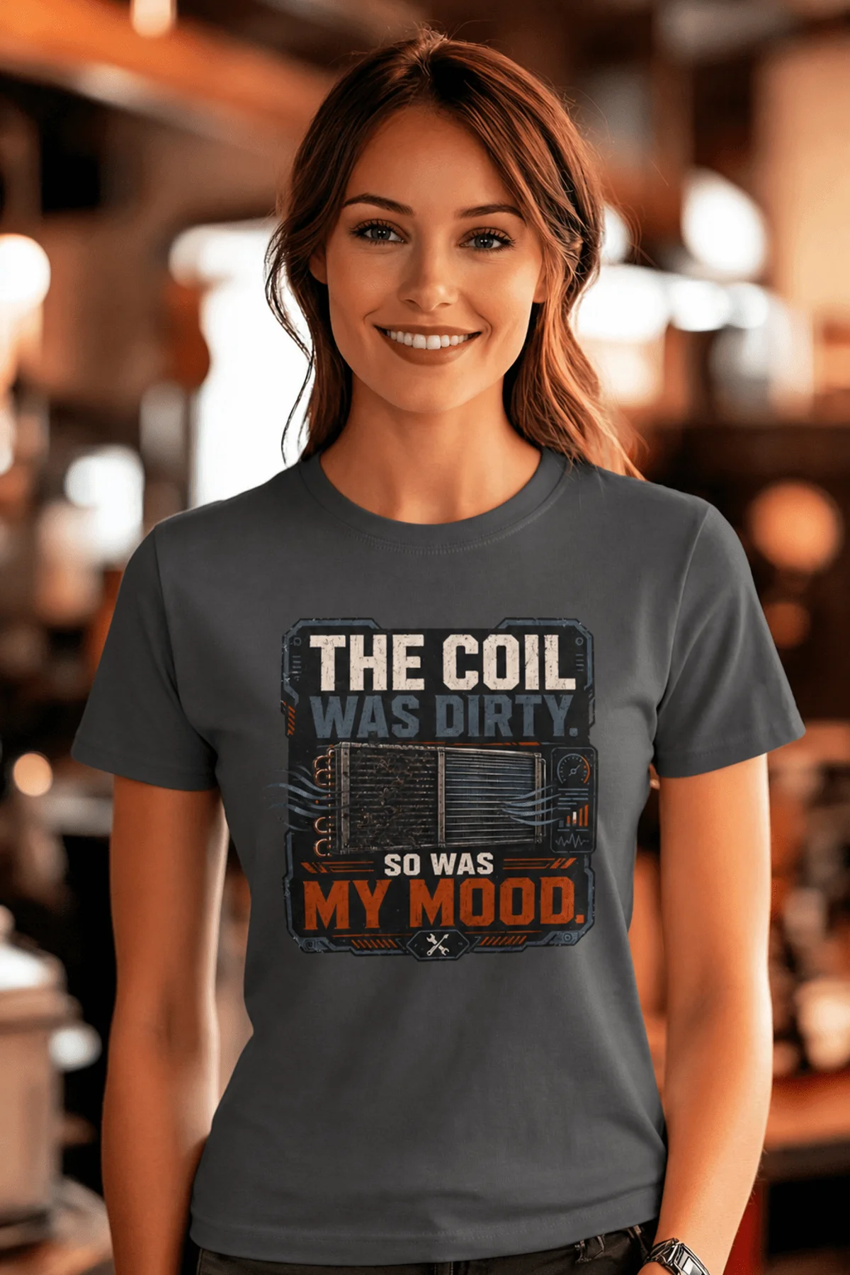 HVAC Technician Tee — “THE COIL WAS DIRTY. SO WAS MY MOOD.” — asphalt — Model HVAC Technician Tee — “THE COIL WAS DIRTY. SO WAS MY MOOD.” — asphalt t-shirt, model photo | Pressure Tested Co