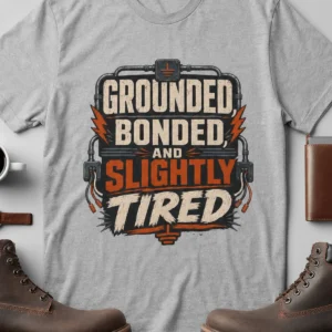 Grounded, Bonded and Slightly Tired Graphic Tee — Funny Electrical Worker Shirt — athletic-heather t-shirt, flat-lay product photo | Pressure Tested Co