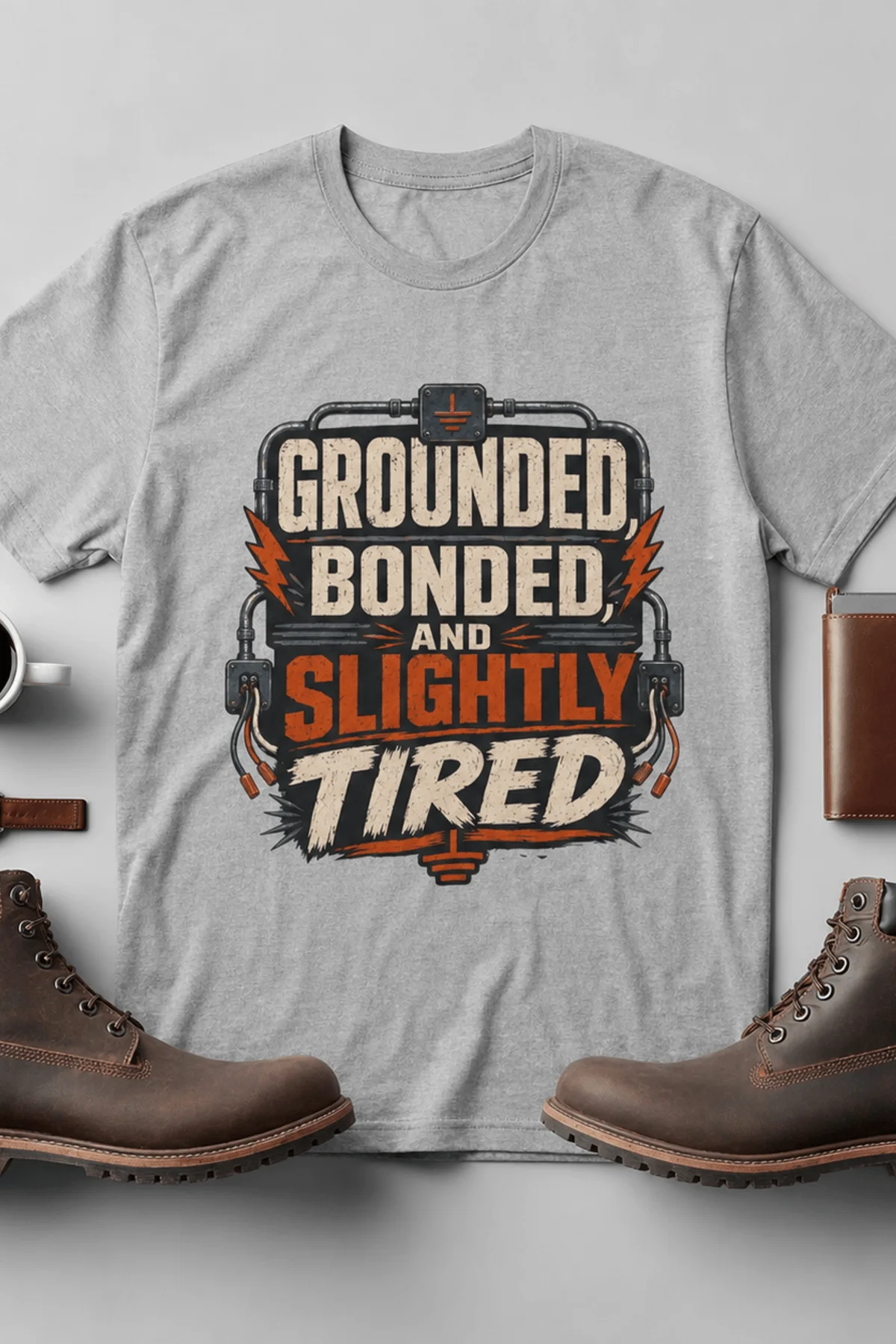 Grounded, Bonded and Slightly Tired Graphic Tee — Funny Electrical Worker Shirt — athletic-heather t-shirt, flat-lay product photo | Pressure Tested Co