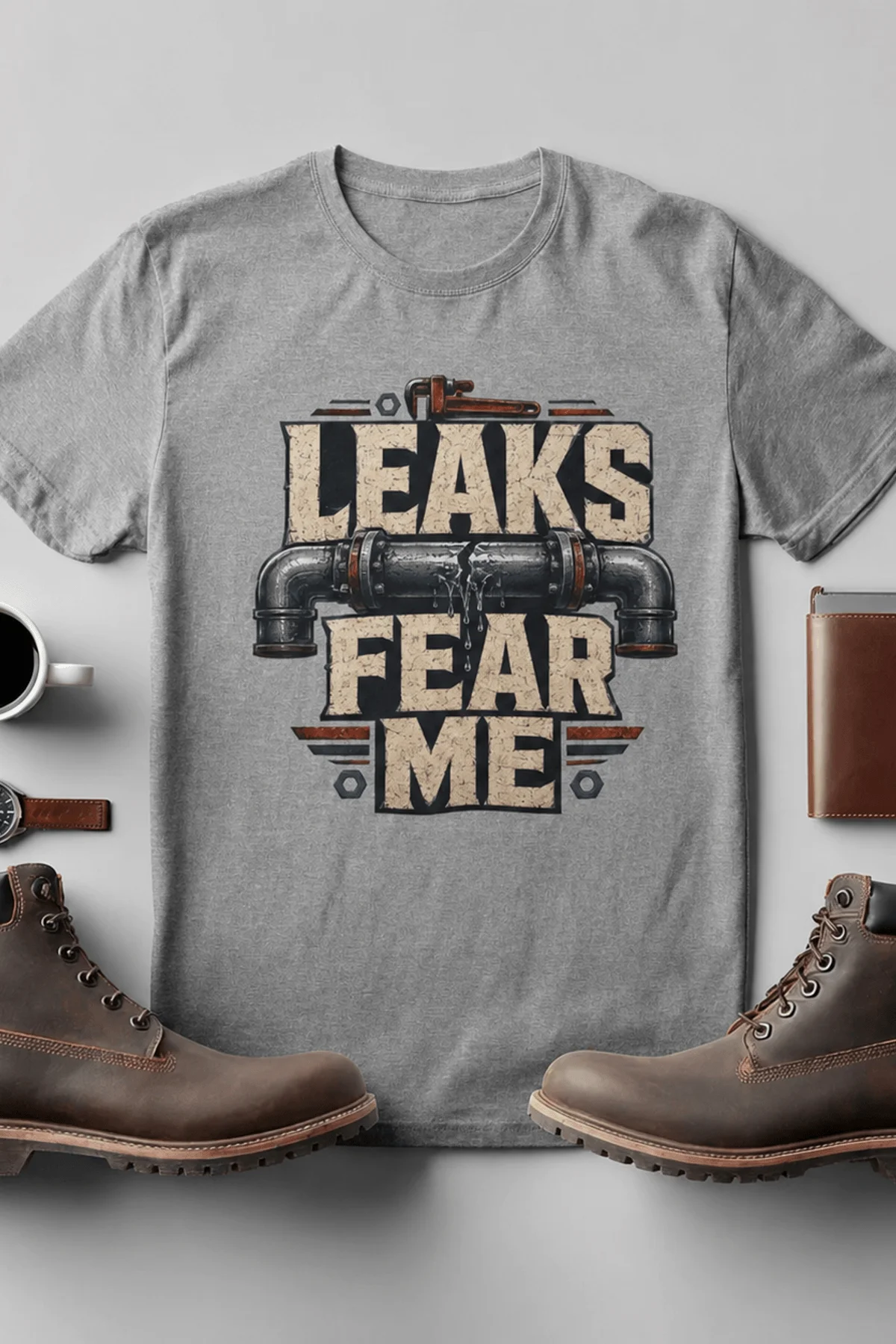 Leaks Fear Me T-Shirt - Funny Plumber Pipes Tee — athletic-heather t-shirt, flat-lay product photo | Pressure Tested Co