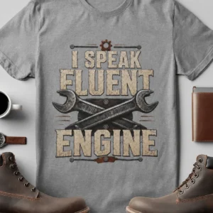 I Speak Fluent Engine T-Shirt — Mechanic Wrench Vintage Auto Repair Tee — athletic-heather t-shirt, flat-lay product photo | Pressure Tested Co