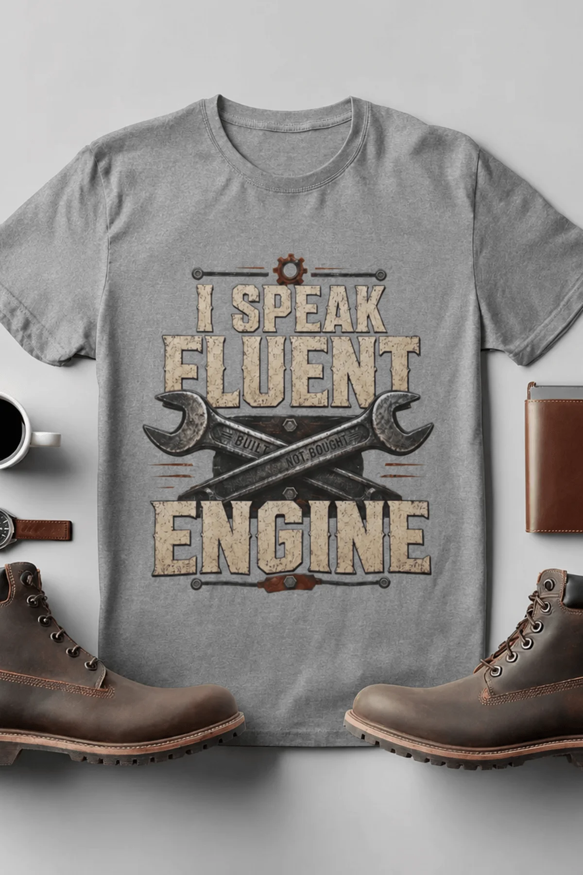 I Speak Fluent Engine T-Shirt — Mechanic Wrench Vintage Auto Repair Tee — athletic-heather — Flat-lay I Speak Fluent Engine T-Shirt — Mechanic Wrench Vintage Auto Repair Tee — athletic-heather t-shirt, flat-lay product photo | Pressure Tested Co