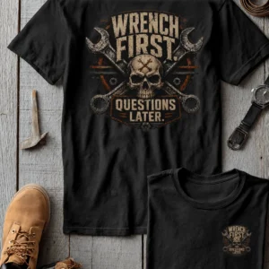 Wrench First Tee — "Wrench First, Questions Later" Mechanic Skull T-Shirt — athletic-heather t-shirt, flat-lay product photo | Pressure Tested Co